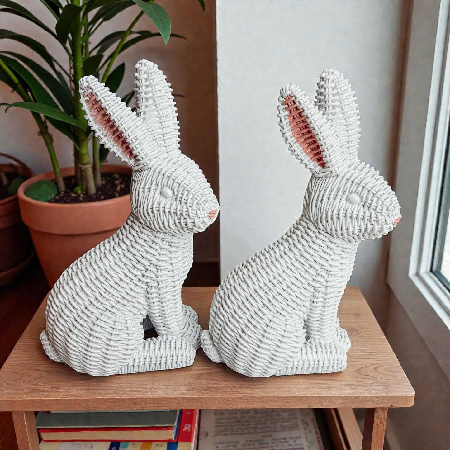 Easter Farmhouse Home Decor, Resin Bunny Figurine Rattan
