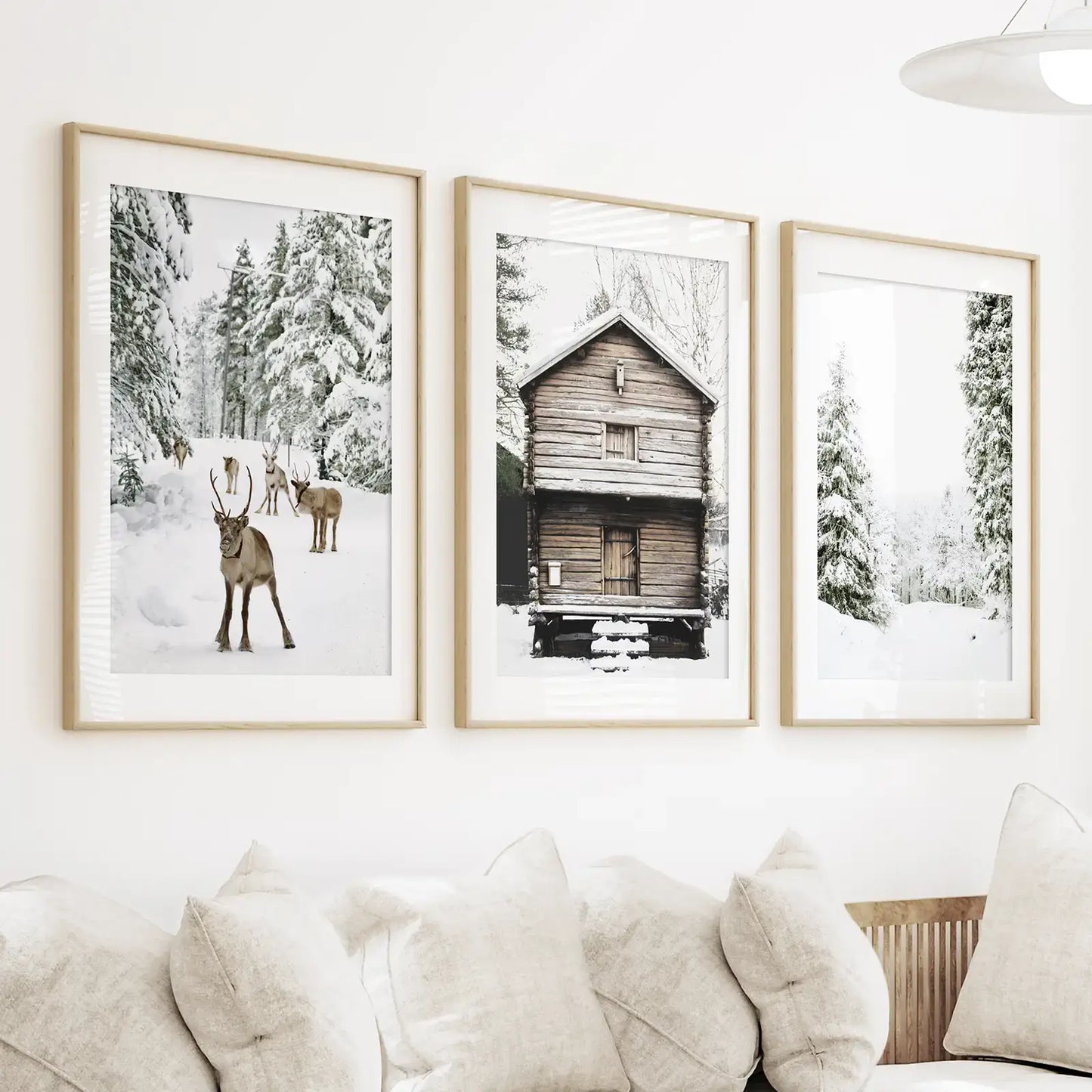 Winter Landscape Wall Art Print. Deer, Log Cabin, Forest