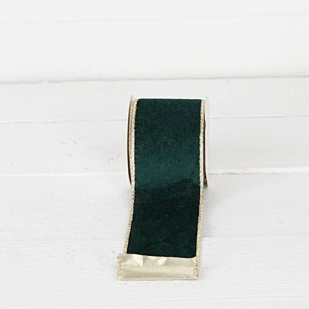 Wired Ribbon-Green hard velvet w. Gold Back (2.5inW)
