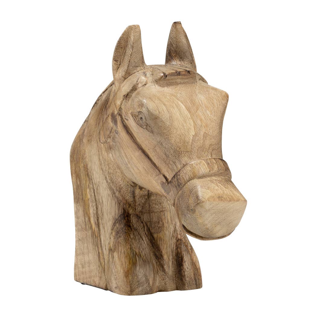 Wood Modern Carved Horse Head Figurine - Brown, 10 in.