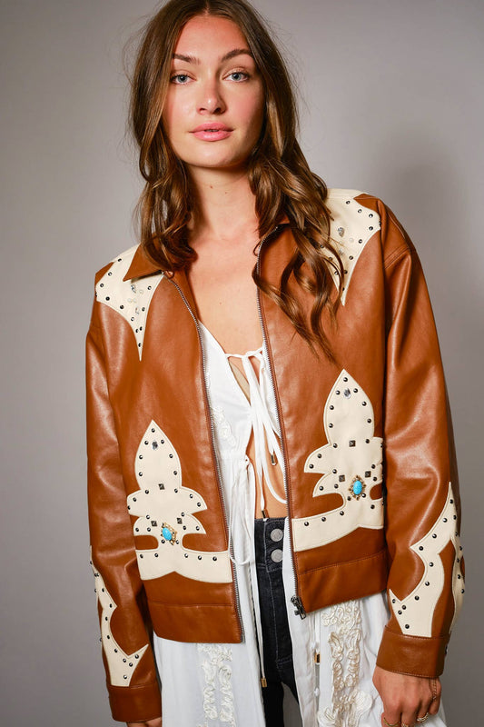 23526J - Faux Leather Studded Oversized Zip-Up Jacket