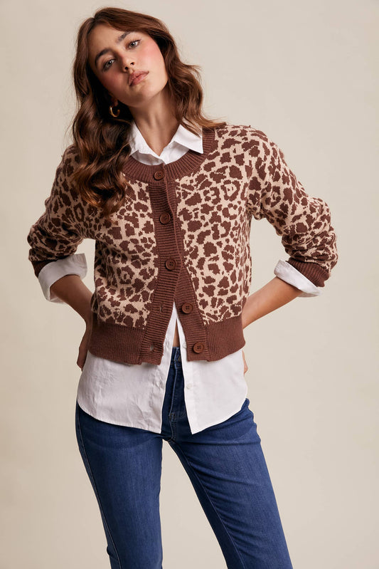 Leopard Knit Button-Up Cardigan