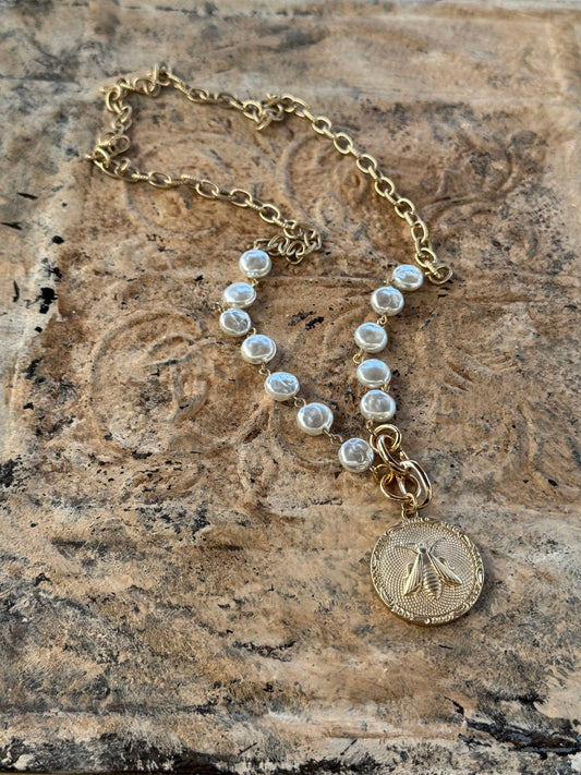 Majesty Bee Medallion Pearl Coin Necklace