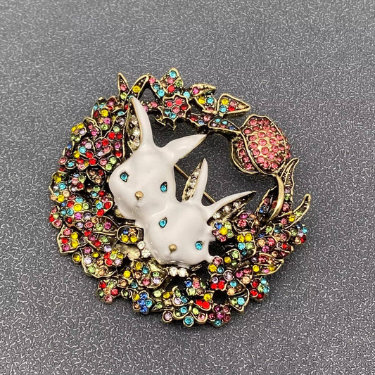 Large Size White Enamel Rabbit In The Rhinestones Nest Brooch