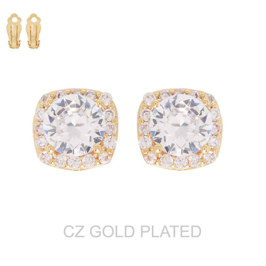 Gold Plated CZ Square Halo Clip-On Stud Earrings