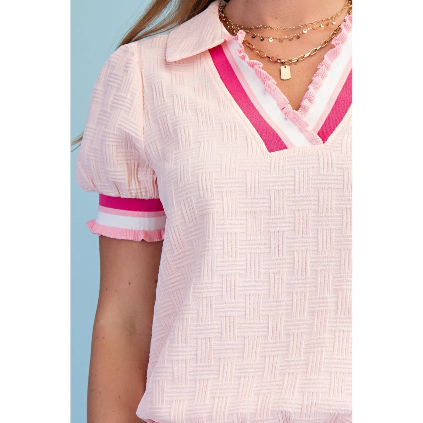LAST CHANCE - Textured V-Neck Short-Sleeve Top