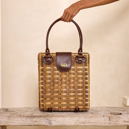 Large Dark Brown Rattan Handbag with Twist Closure