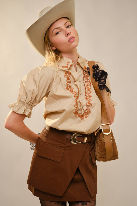 Embroidered Scallop Collar Puff Sleeve Top