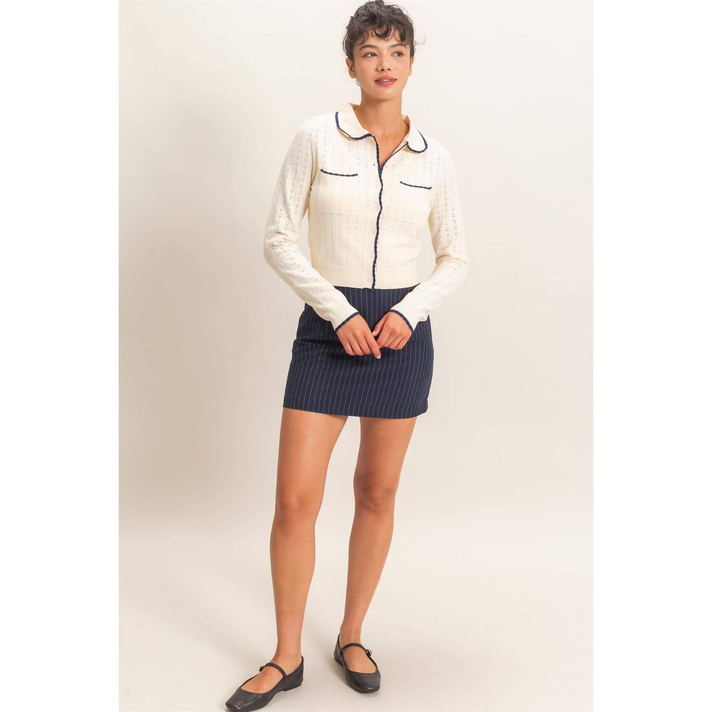 Collared Pointelle Knit Cardigan