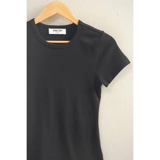 Black crew neck short sleeve top close-up showing neckline and sleeve