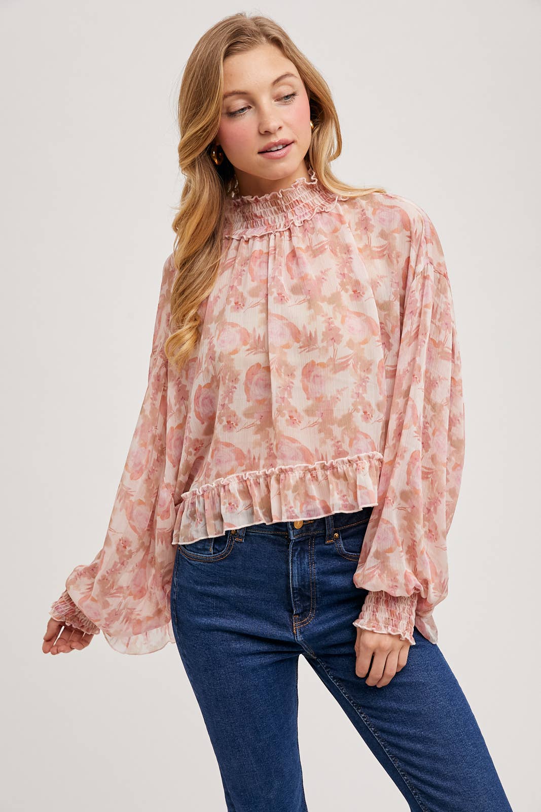 FLORAL PRINT RUFFLED MOCK NECK CHIFFON TOP