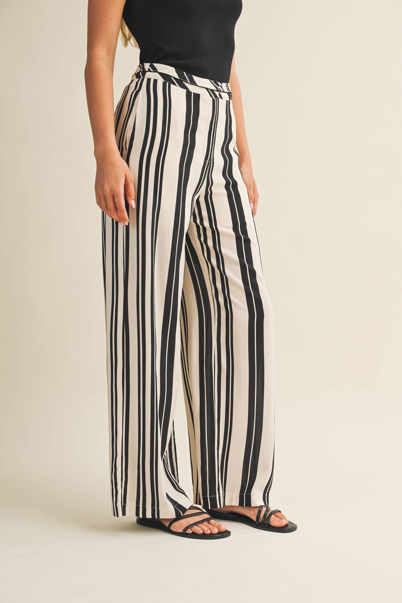Striped High Waist Wide Leg Pants - Black & White