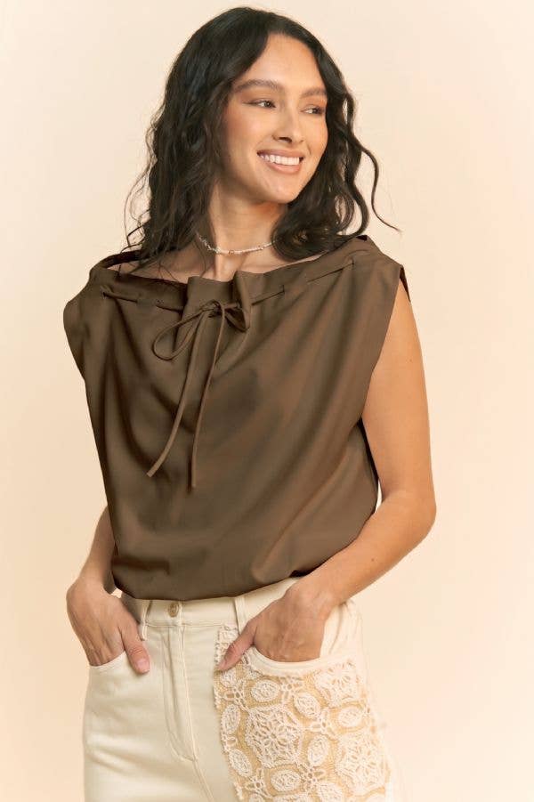 Cowl Neck Tie Detail Sleeveless Top