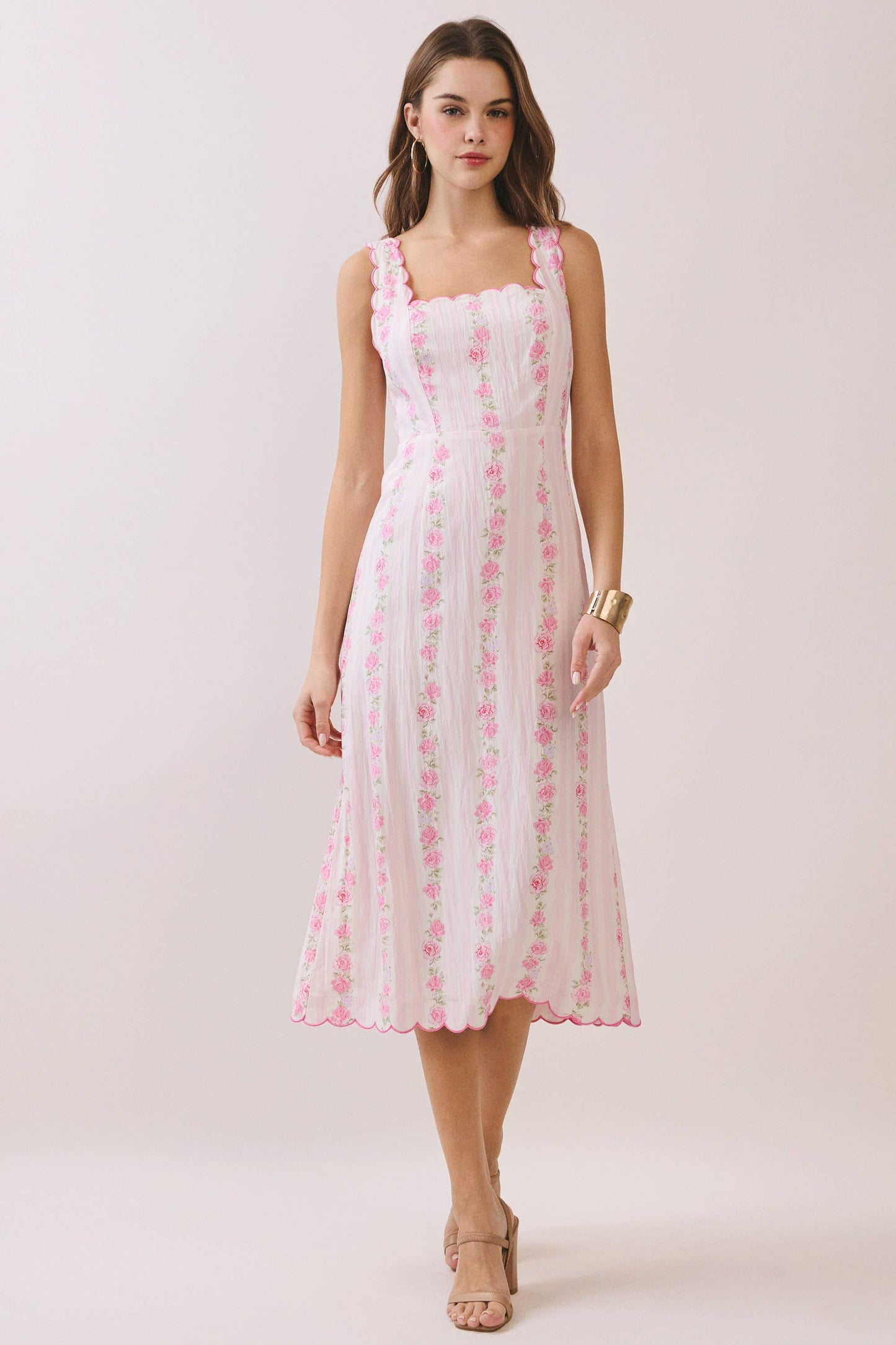 Pink Floral Stripe Scalloped Midi Dress