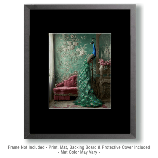 Peacock Morning - 8"x10" Artwork in 11″x14″ Brushed Silver Antique Frame