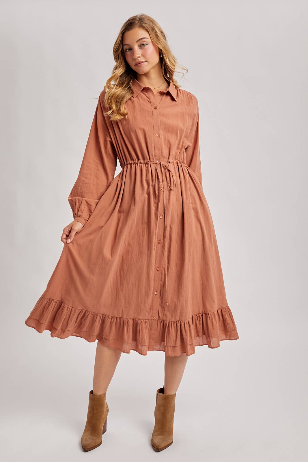 RUFFLED MIDI OPEN DUSTER OR SHIRT DRESS