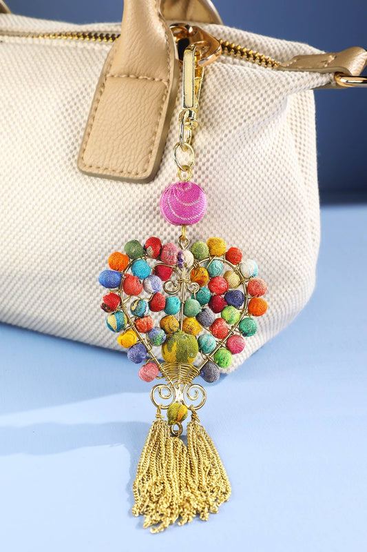Handmade Beaded Heart Keychain - Upcycled Sari