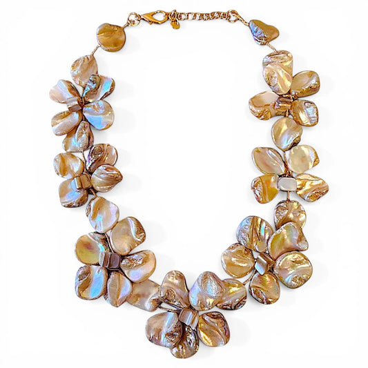 Iridescent shell flower statement necklace with gold clasp