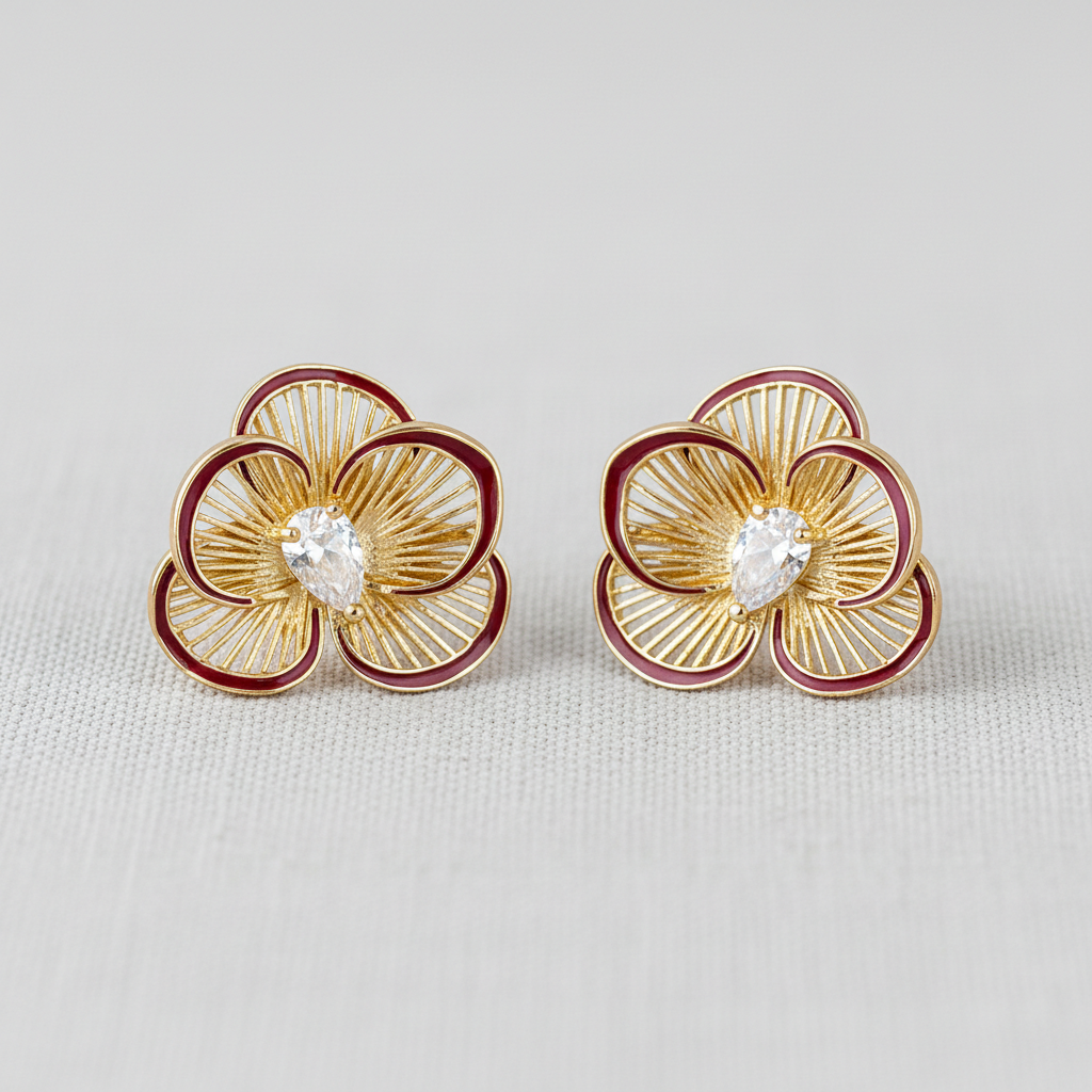 Sculptural Burgundy Floral Stud Earrings