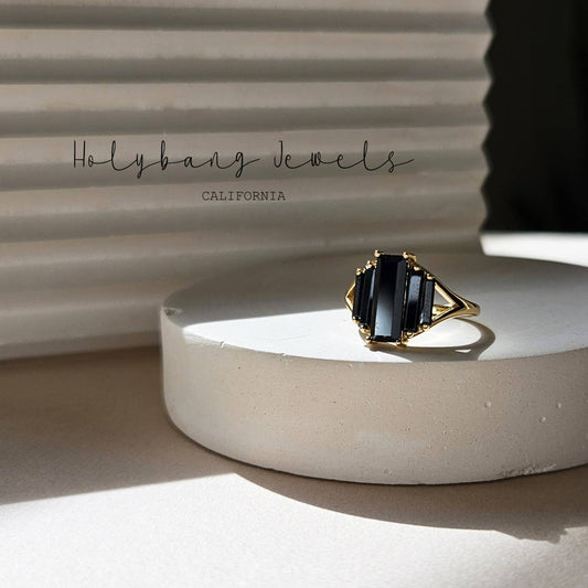 Black Baguette Ring - Gold Sterling Silver