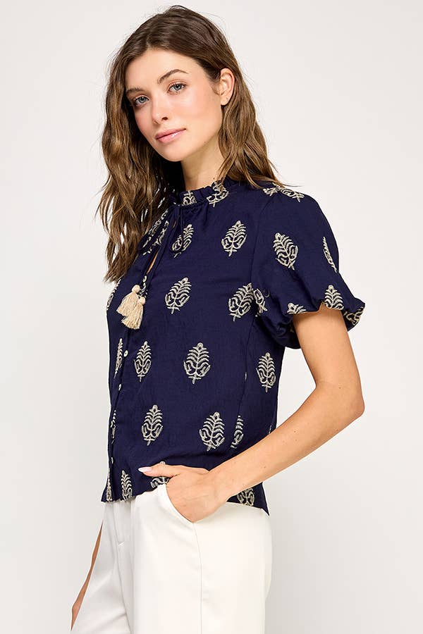 Gold Leaf Embroidered Short Sleeve Top