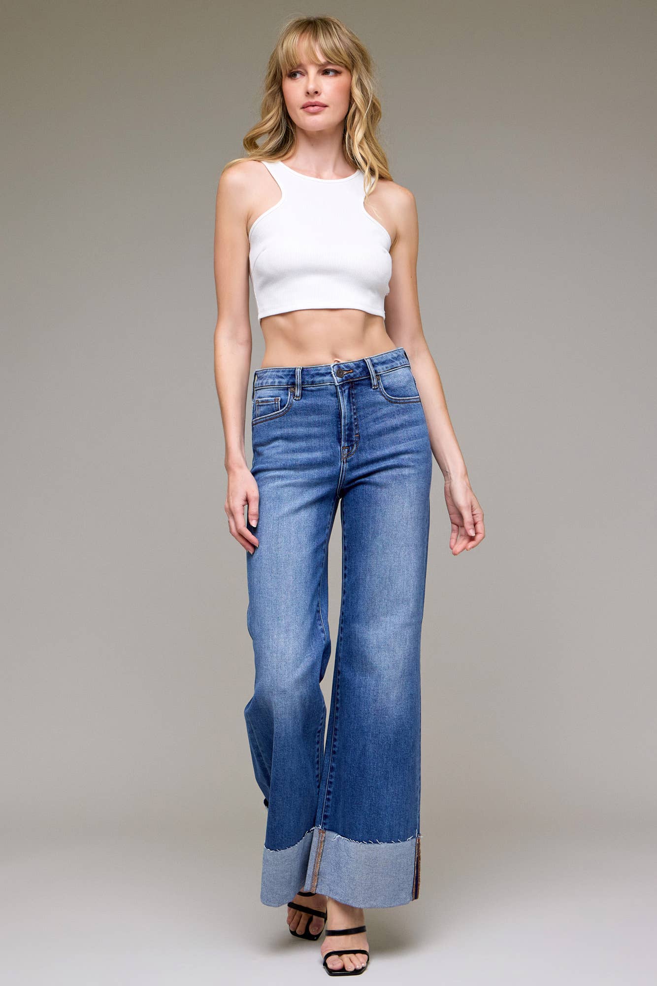 Medium Wash Clean Cuffed High Rise Comfort Flare