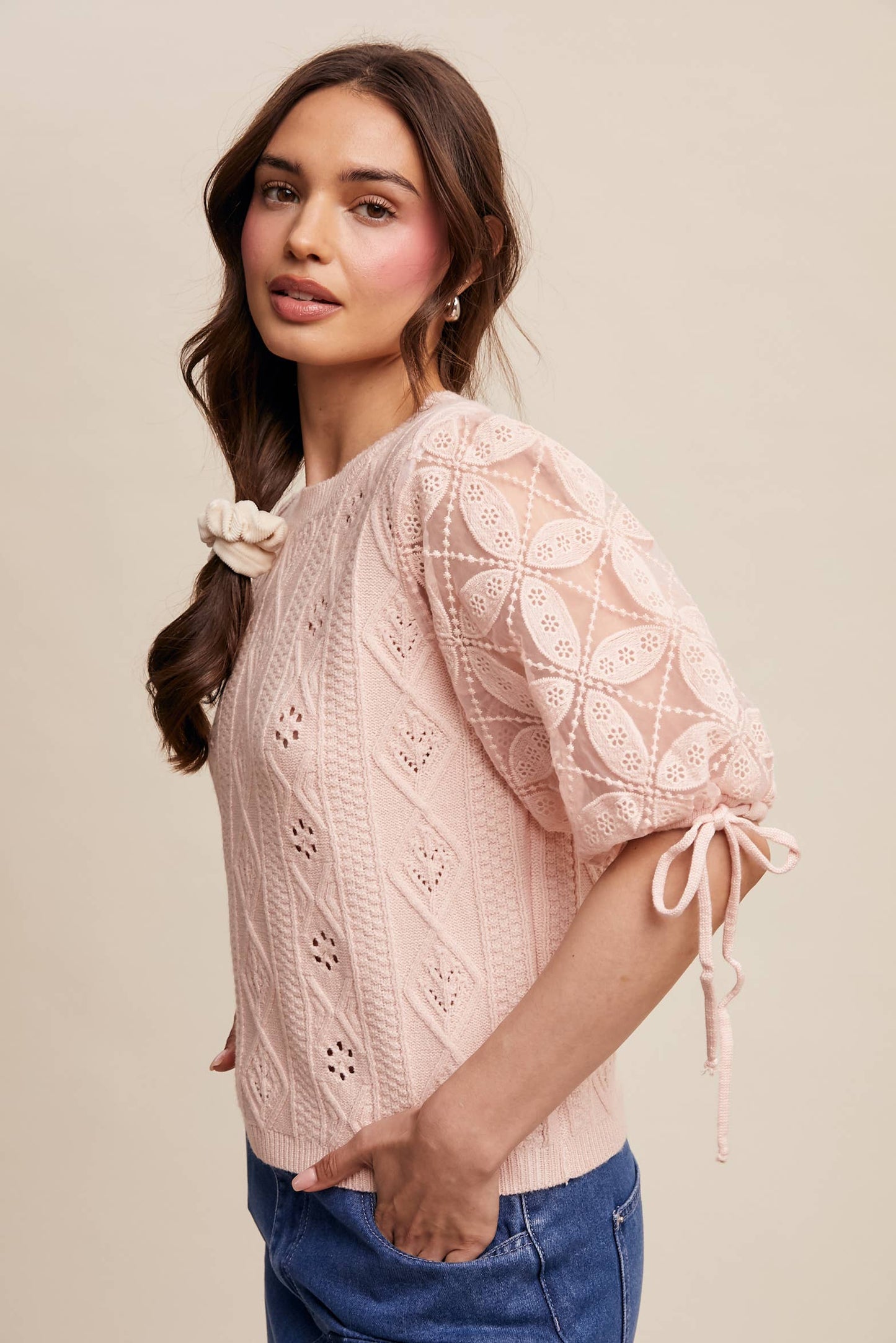Eyelet Puff Sleeve Knit Sweater Top