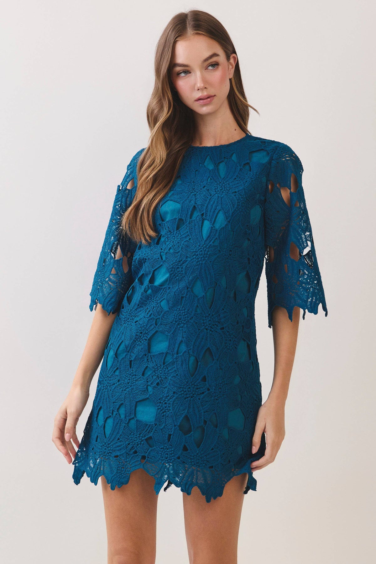 Crochet Lace Scalloped Hem Mini Dress