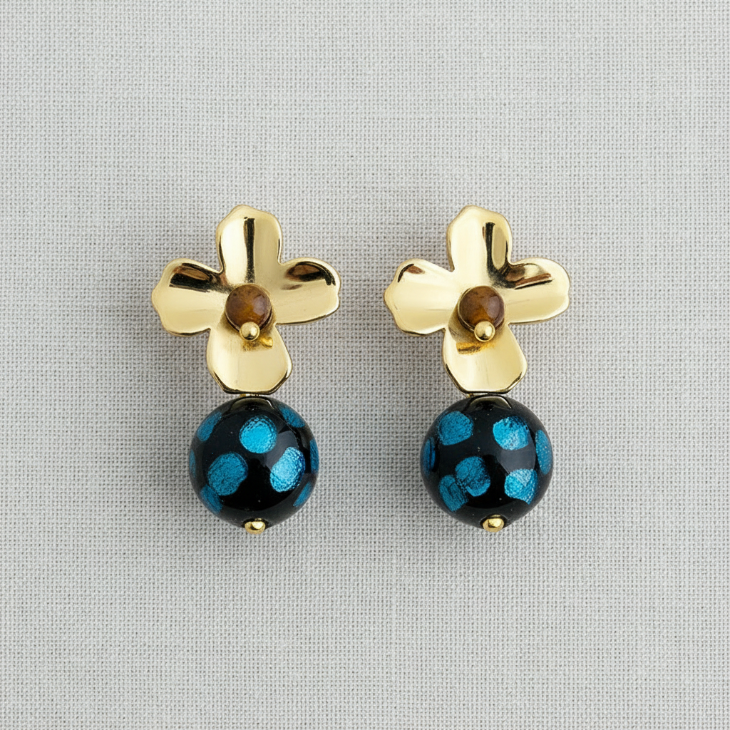 Vintage Blue Glass and Tiger's Eye Floral Stud Earrings