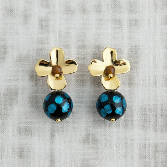 Vintage Blue Glass and Tiger's Eye Floral Stud Earrings