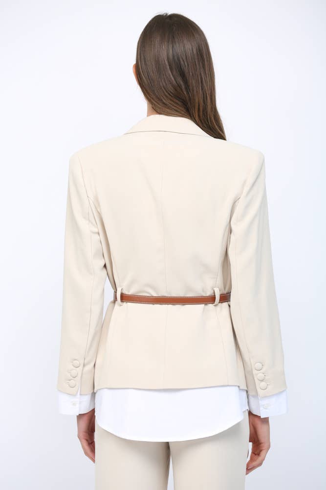LAYERED LOOK MIXED MEDIA BELTED BLAZER