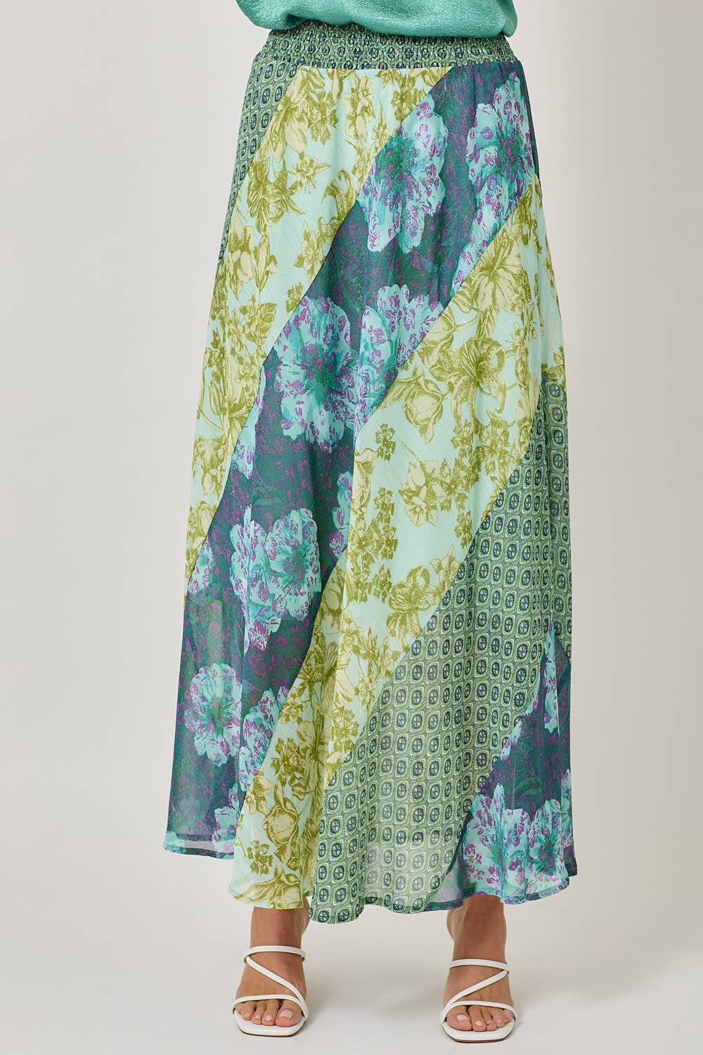 Mixed Print Flowy Midi Skirt - Green