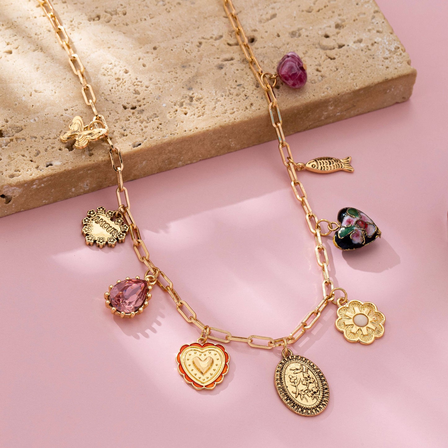 Heart Cloisonne Multi-Charm Necklace - Gold Paperclip Chain