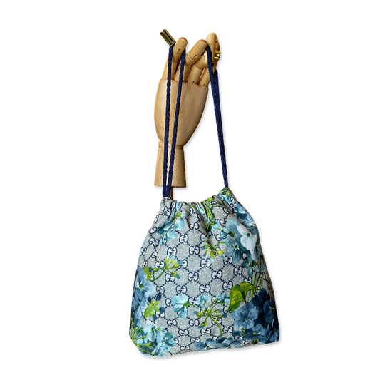 GG Logo Blooms Blue Vintage Scarf Drawstring Crossbody Bag