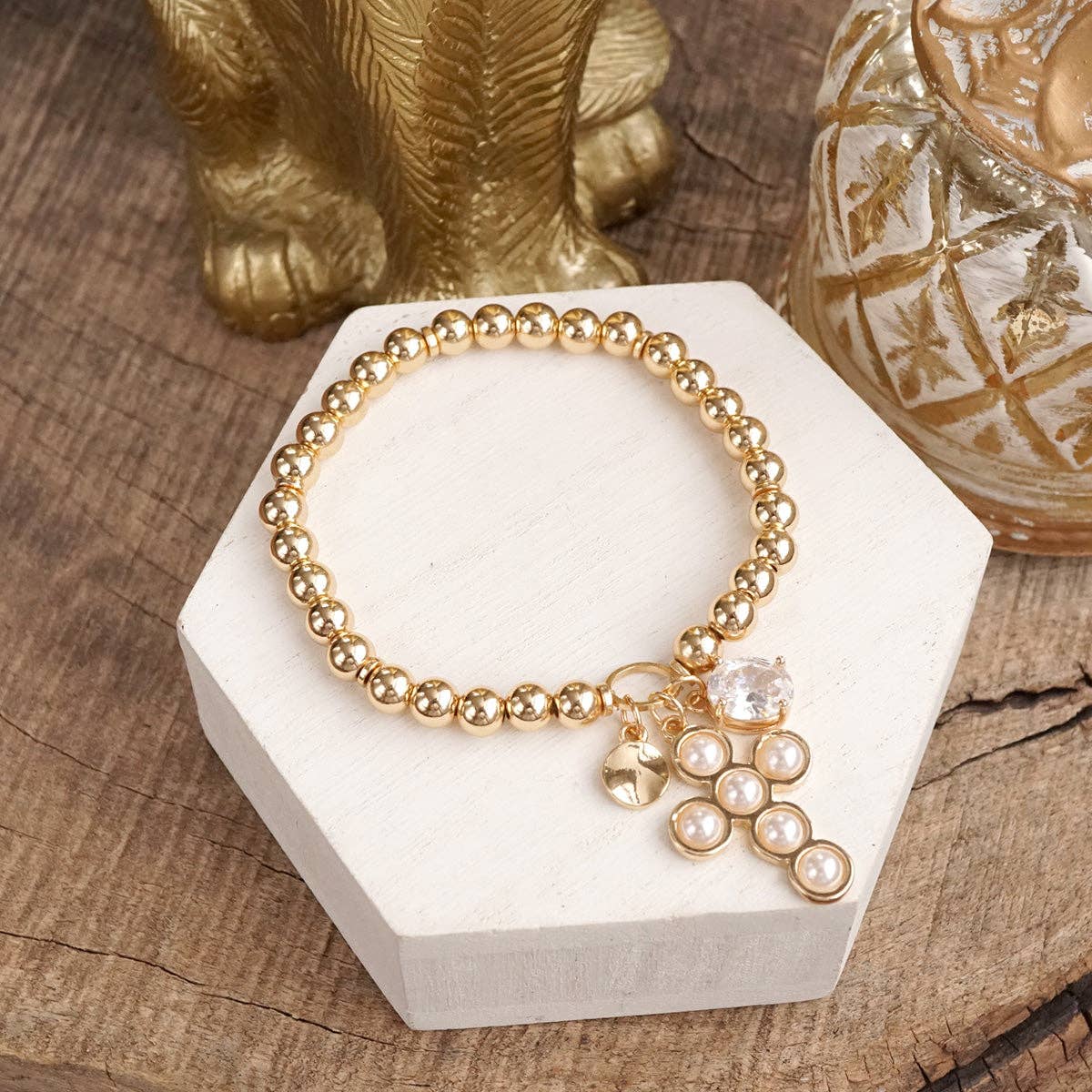Golden Keepsakes Charm Cluster Stretch Bracelet with Beads and Stones