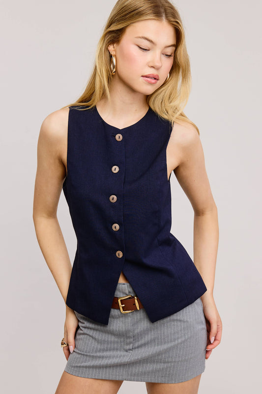 Button Down Sleeveless Round Neck Waistcoat Vest