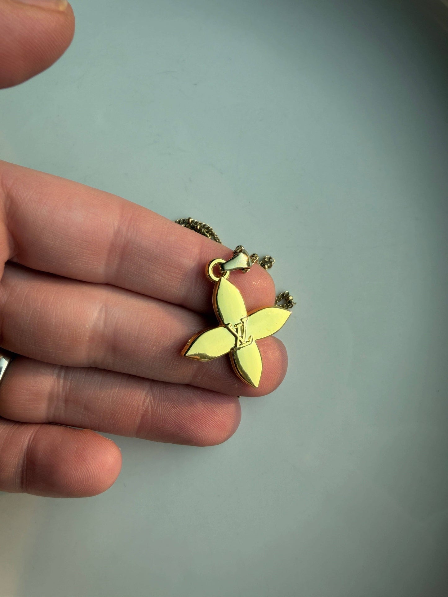 Upcycled LV Designer Four Petal Blossom Necklace