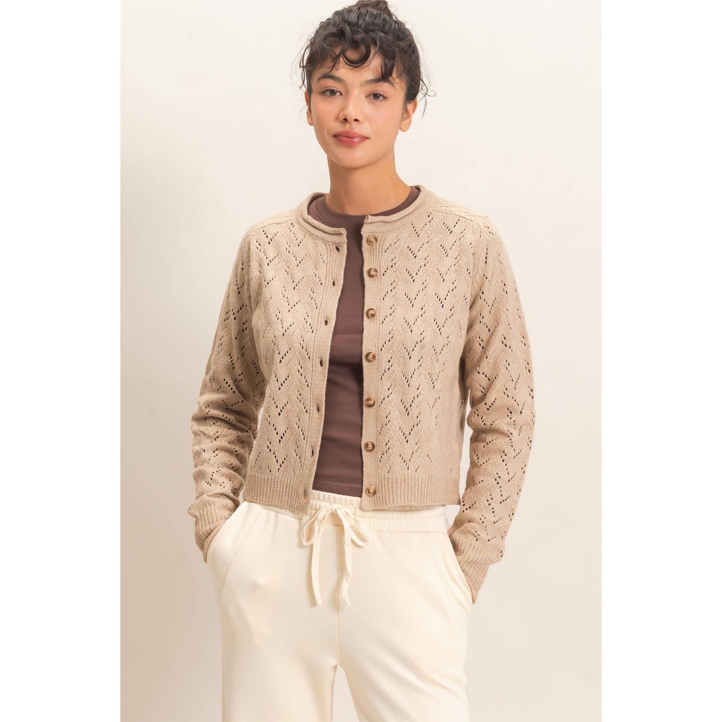 Pointelle Knit Button Front Cardigan
