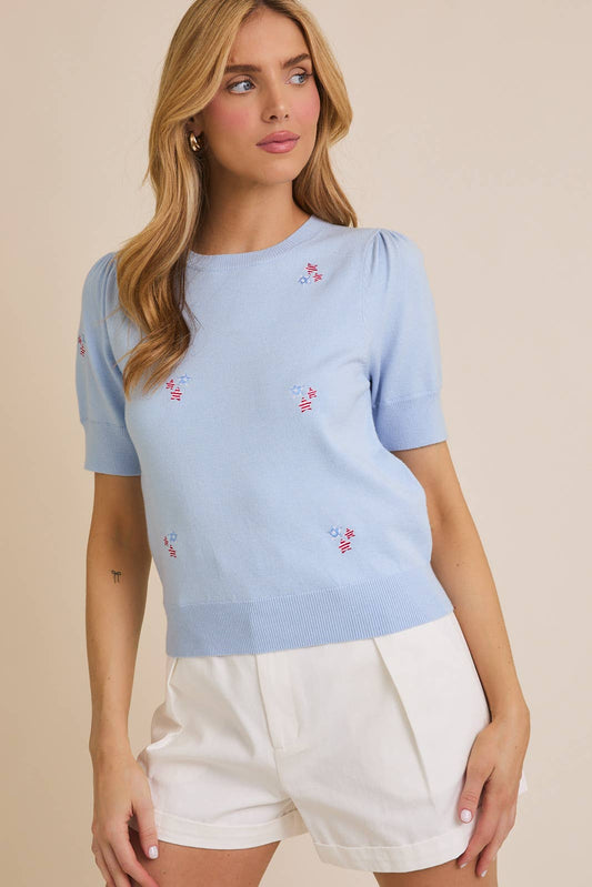 ROUND NECK PUFF SLEEVE STAR EMBROIDERED KNIT TOP
