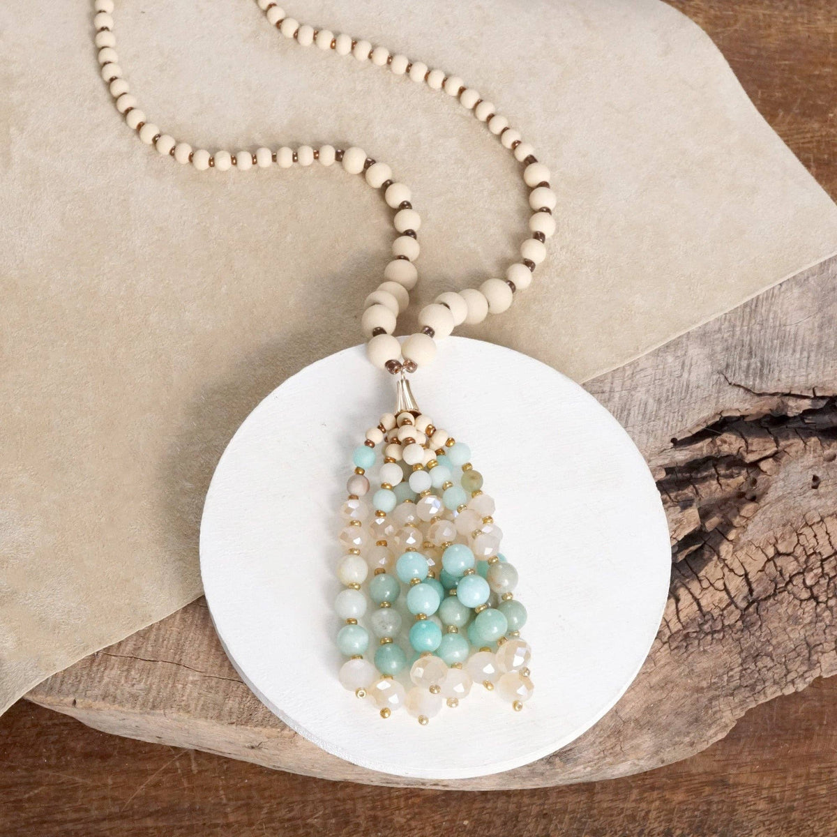 Desert Harmony – Mala Beaded Tassel Necklace with Amazonite or Labradorite