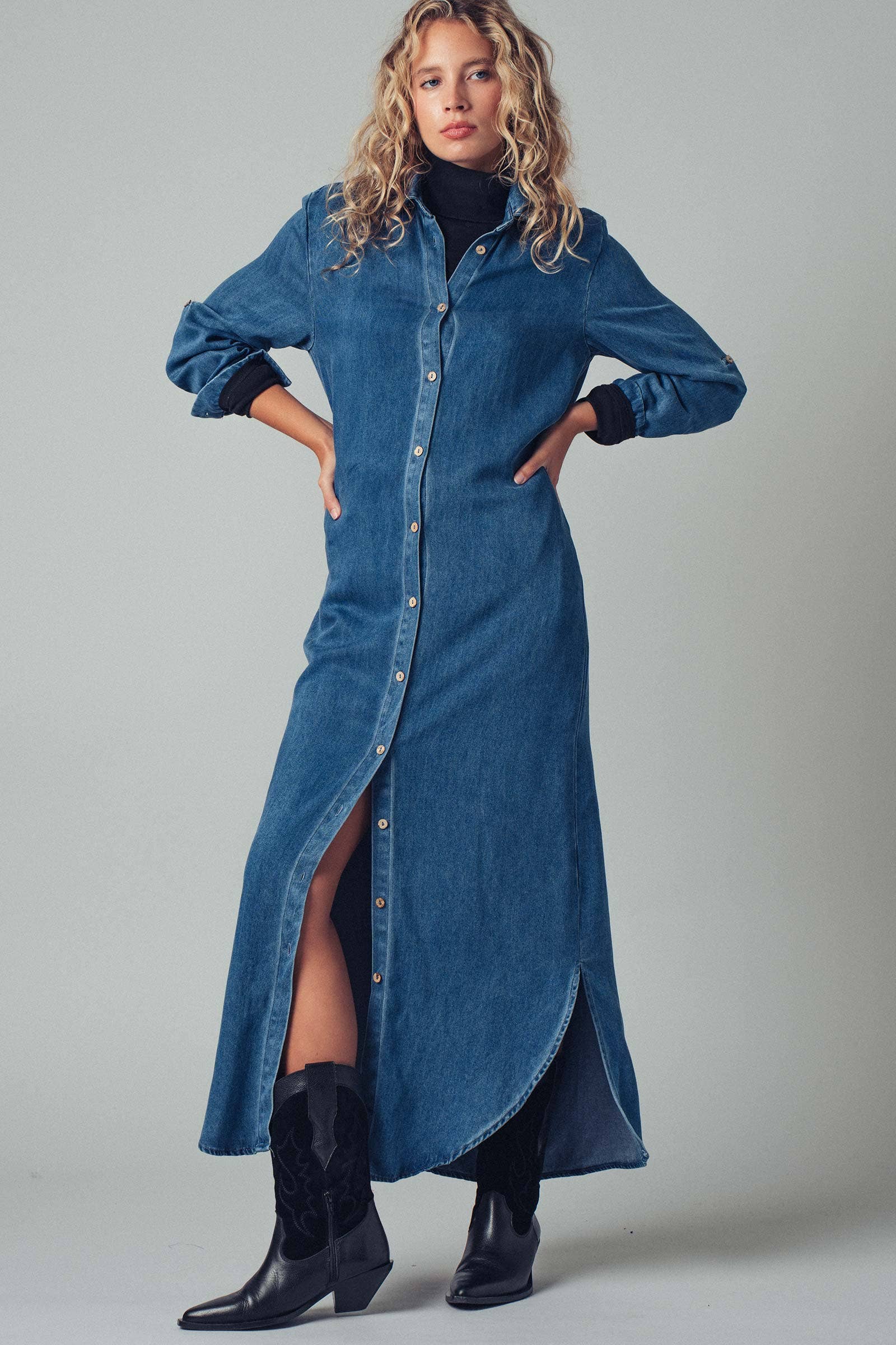 midi denim shirt dress womens Relaxed Western Denim Midi Shirt Dress with Button Front for Women