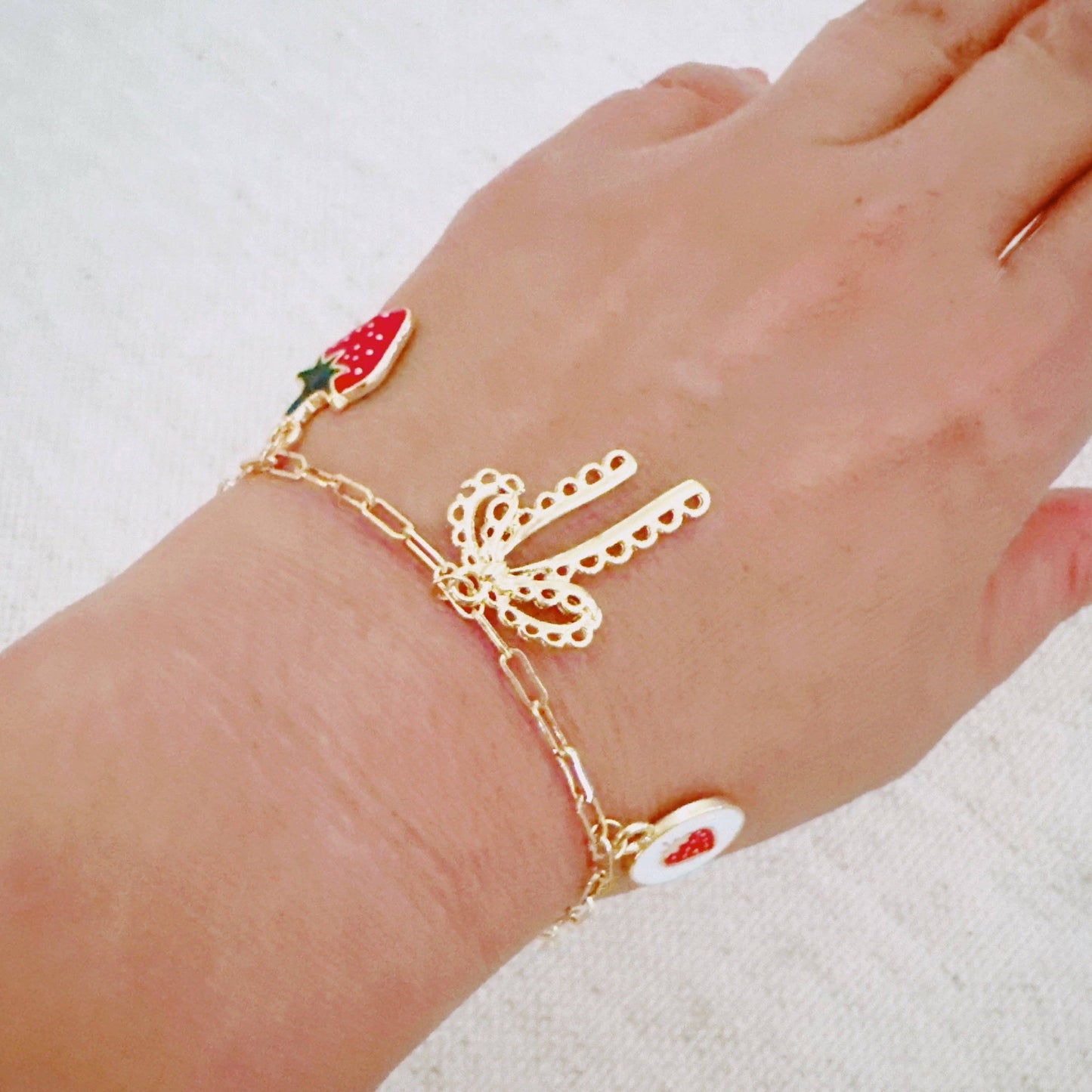 Berry Cute Strawberry Bow Heart Charm Bracelet