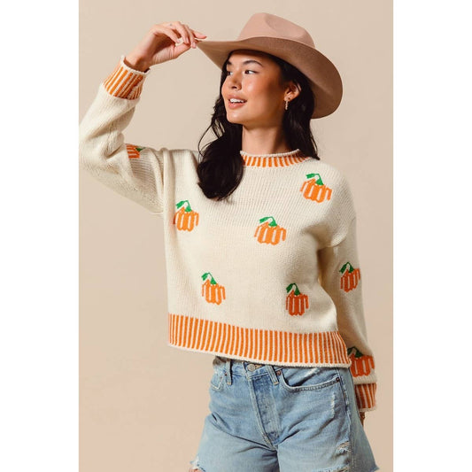Pumpkin Embroidery Stripe Rib Hem Halloween Top