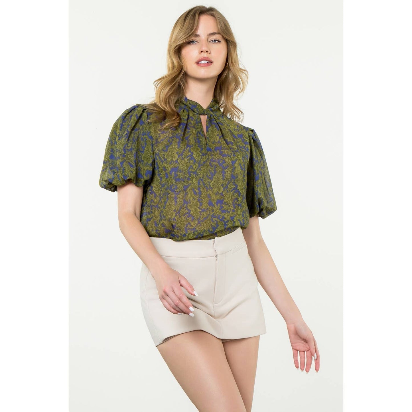 Twist Neck Puff Sleeve Print Top