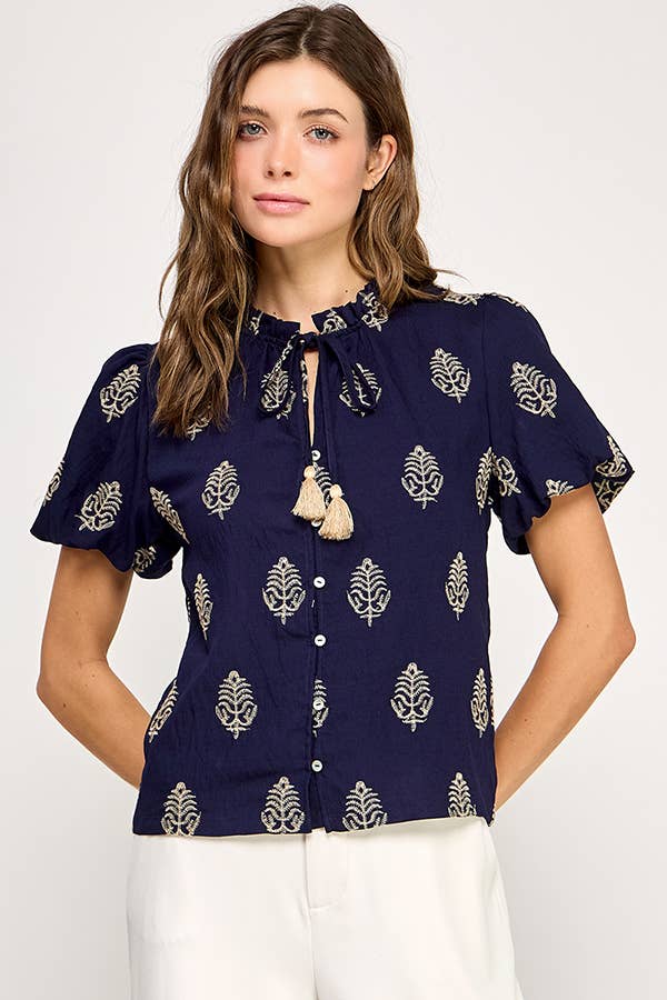 Gold Leaf Embroidered Short Sleeve Top