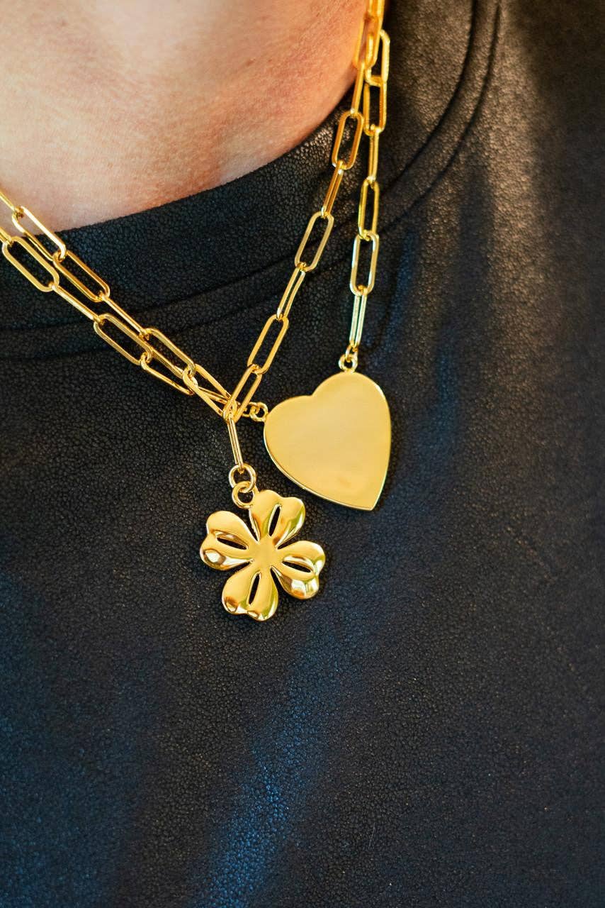 Gold Shamrock Charm Necklace with Paper Clip Chain - 18k Gold Plated