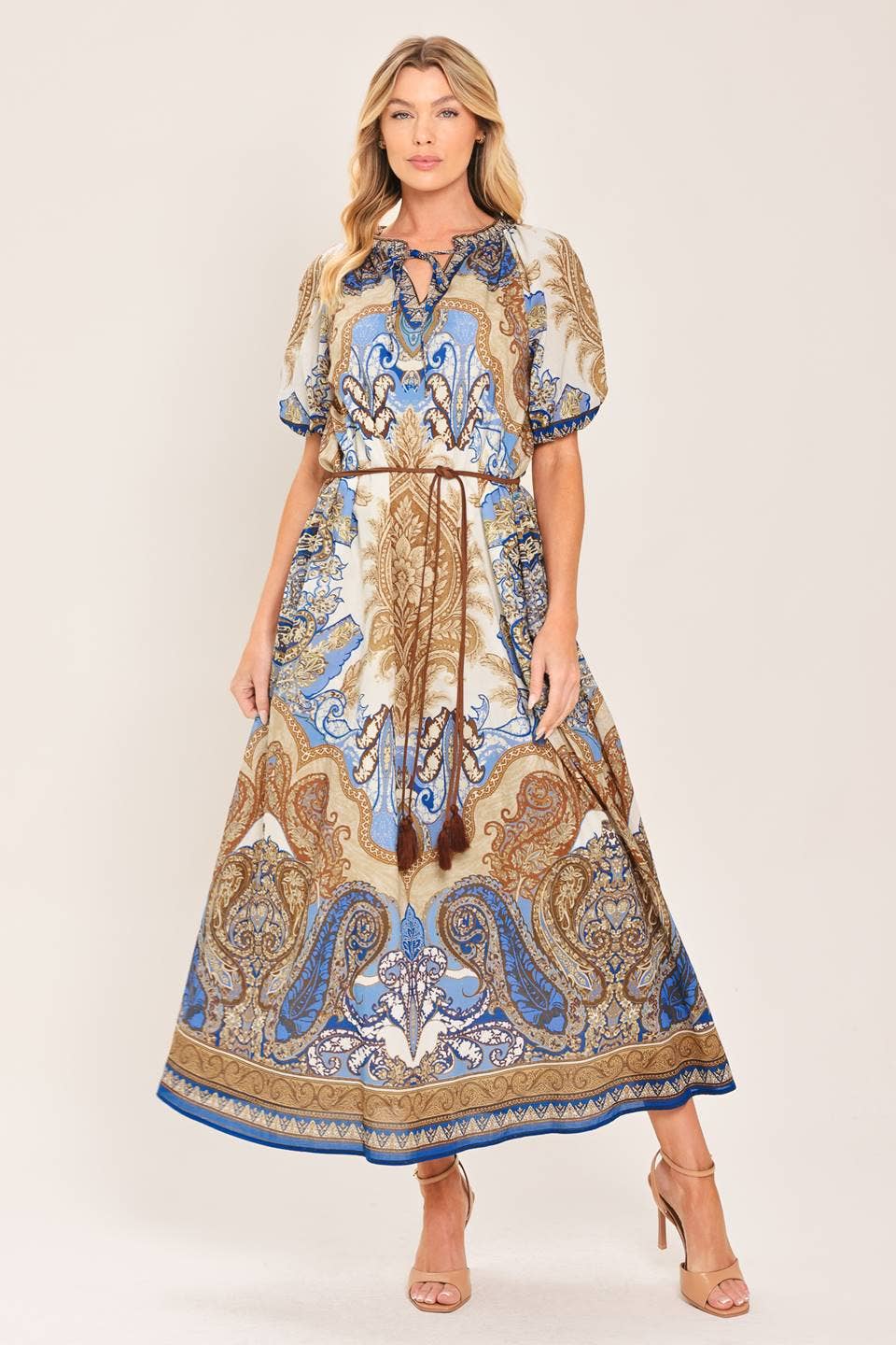 Blue & Sand Paisley Woven Midi Dress
