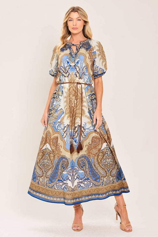 Blue & Sand Paisley Woven Midi Dress