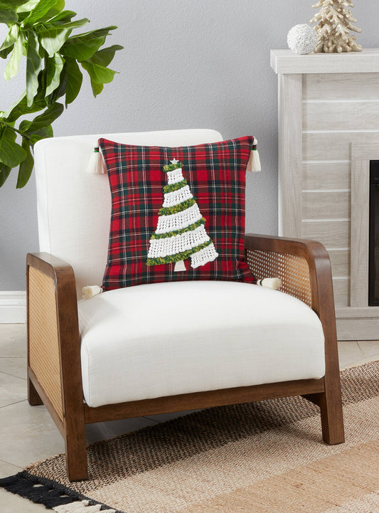 Plaid Throw Pillow With Christmas Tree Design