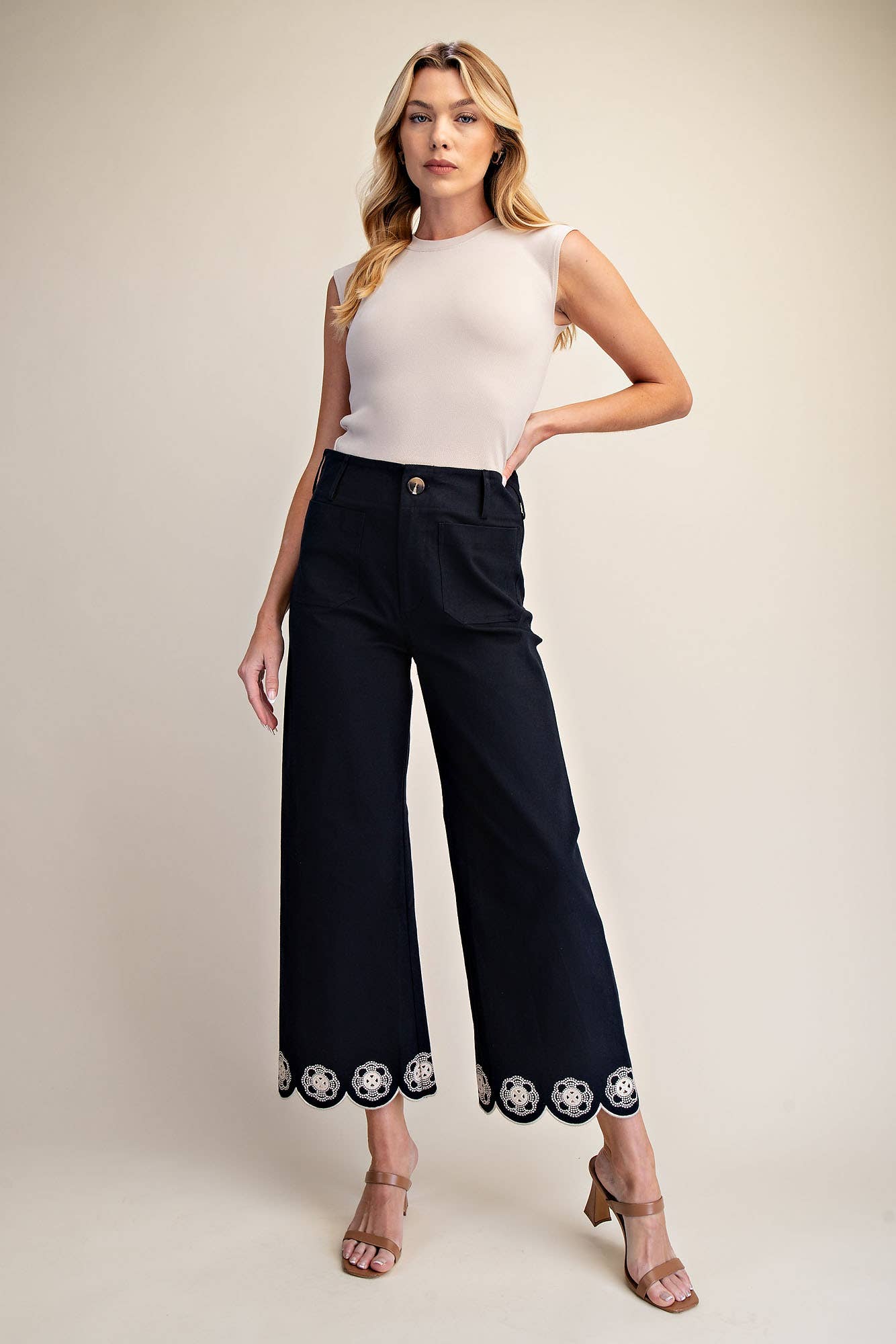 Embroidered Scallop Hem Wide Leg Pants - Navy